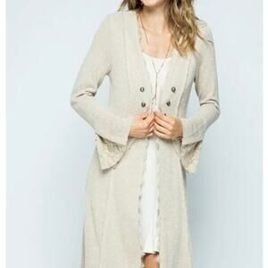 Vocal Womens L Beige Long Sleeve Open Front Boho Cardigan Duster Bell Cuff NEW